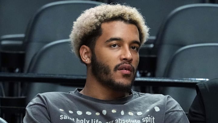 Apr 6, 2025; Portland, Oregon, USA; San Antonio Spurs forward Jeremy Sochan (10) looks on before the game against the Portland Trail Blazers at Moda Center. Mandatory Credit: Soobum Im-Imagn Images
