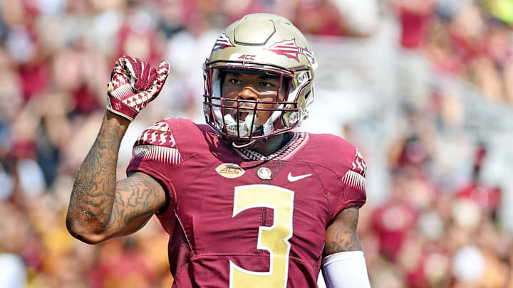 Sep 23, 2017; Tallahassee, FL, USA; Florida State Seminoles cornerback Derwin James (3) reacts during the second half against North Carolina State Wolfpack at Doak Campbell Stadium. Mandatory Credit: Melina Vastola-Imagn Images
