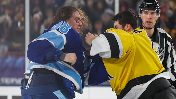 Feb 1, 2026; Tampa Bay, Florida, USA; Tampa Bay Lightning goaltender Andrei Vasilevskiy (88) and Boston Bruins goaltender Jeremy Swayman (1) fight during the second period in the 2026 Stadium Series ice hockey game at Raymond James Stadium. Mandatory Credit: Kim Klement Neitzel-Imagn Images