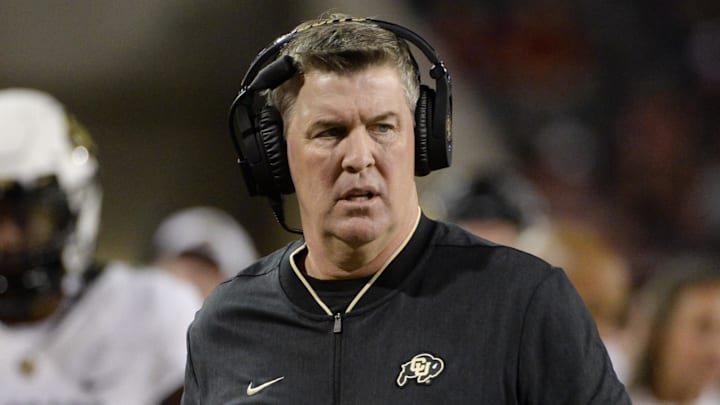 Nov 2, 2018; Tucson, AZ, USA; Colorado Buffaloes head coach Mike MacIntyre reacts during the first half against the Arizona Wildcats at Arizona Stadium.