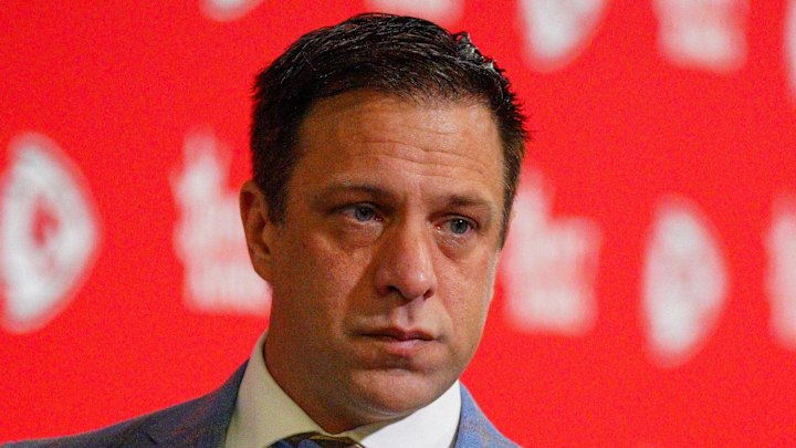 Nov 10, 2024; Kansas City, Missouri, USA; Kansas City Chiefs general manager Brett Veach arrives to the stadium prior to a game against the Denver Broncos at GEHA Field at Arrowhead Stadium. Mandatory Credit: Denny Medley-Imagn Images