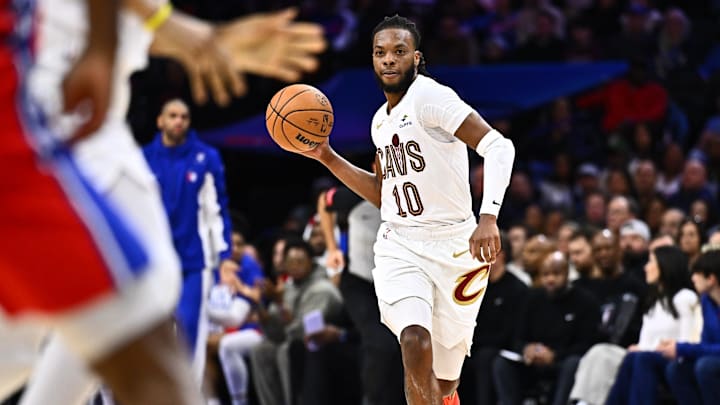 Feb 23, 2024; Philadelphia, Pennsylvania, USA; Cleveland Cavaliers guard Darius Garland (10) passes the ball against the Philadelphia 76ers in the second quarter at Wells Fargo Center. Mandatory Credit: Kyle Ross-Imagn Images
