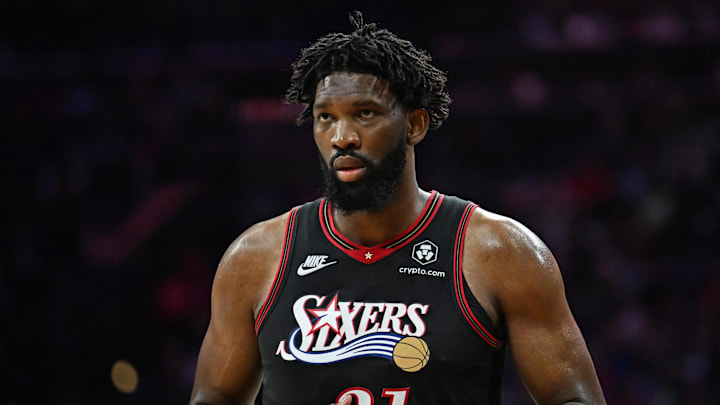 Apr 26, 2026; Philadelphia, Pennsylvania, USA; Philadelphia 76ers center Joel Embiid (21) against the Boston Celtics during the second half at Xfinity Mobile Arena. Mandatory Credit: Eric Hartline-Imagn Images