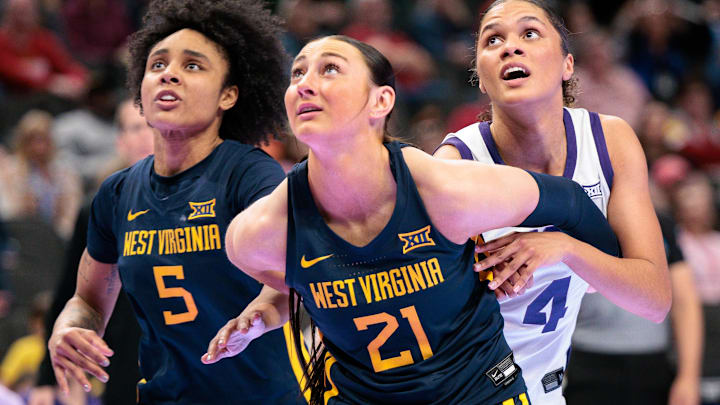 Mar 8, 2026; Kansas City, MO, USA; West Virginia Mountaineers forward Riley Makalusky (21) blocks out during the second half against the TCU Horned Frogs at T-Mobile Center. Mandatory Credit: William Purnell-Imagn Images Mar 8, 2026; Kansas City, MO, USA; West Virginia Mountaineers forward Riley Makalusky (21) blocks out during the second half against the TCU Horned Frogs at T-Mobile Center. Mandatory Credit: William Purnell-Imagn Images