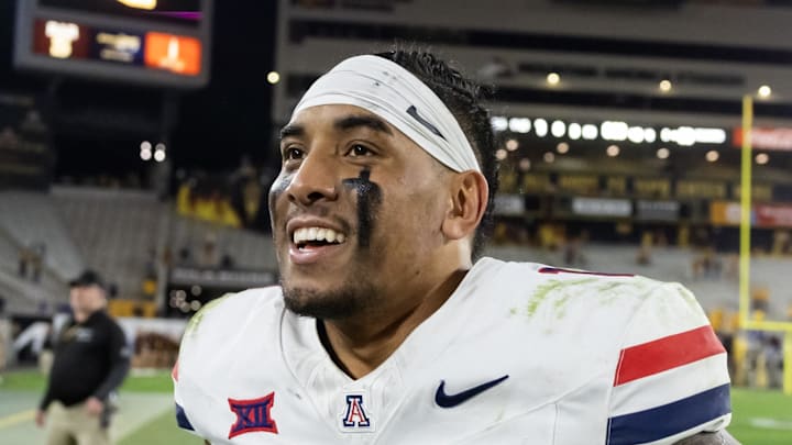 Nov 28, 2025; Tempe, Arizona, USA; Arizona Wildcats quarterback Noah Fifita (1) after defeating the Arizona State Sun Devils in the 99th Territorial Cup at Mountain America Stadium. Mandatory Credit: Mark J. Rebilas-Imagn Images