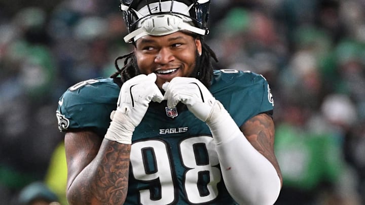 Jan 11, 2026; Philadelphia, PA, USA; Philadelphia Eagles defensive tackle Jalen Carter (98) against the San Francisco 49ers  in an NFC Wild Card Round game at Lincoln Financial Field. Mandatory Credit: Eric Hartline-Imagn Images
