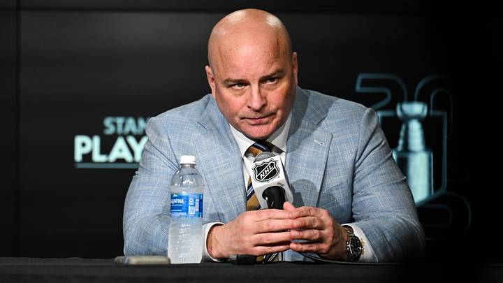 May 2, 2025; St. Louis, Missouri, USA; St. Louis Blues head coach Jim Montgomery speaks to the media following  game six of the first round of the 2025 Stanley Cup Playoffs against the Winnipeg Jets at Enterprise Center. Mandatory Credit: Connor Hamilton-Imagn Images