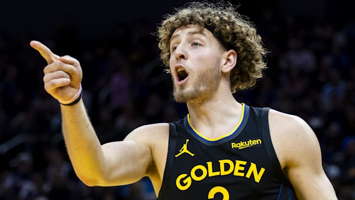 Dec 20, 2025; San Francisco, California, USA; Golden State Warriors guard Brandin Podziemski (2) reacts after he is called for a foul against a Phoenix Suns player during the fourth quarter at Chase Center. Mandatory Credit: John Hefti-Imagn Images