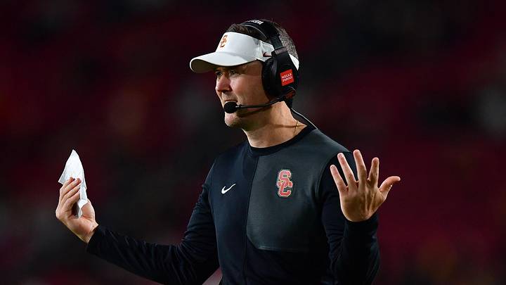 Sep 20, 2025; Los Angeles, California, USA; Southern California Trojans head coach Lincoln Riley watches game action against the Michigan State Spartans during the second half at the Los Angeles Memorial Coliseum. Mandatory Credit: Gary A. Vasquez-Imagn Images