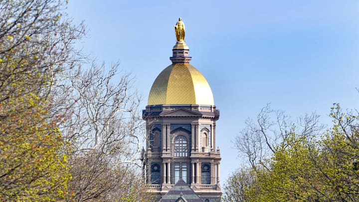 Apr 23, 2022; Notre Dame, Indiana, USA; The University of Notre Dame main building and golden dome seen before the annual Blue-Gold game at Notre Dame Stadium. M