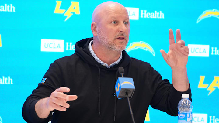 Apr 17, 2025; El Segundo, CA, USA; Los Angeles Chargers general manager Joe Hortiz at press conference at The Bolt. Mandatory Credit: Kirby Lee-Imagn Images