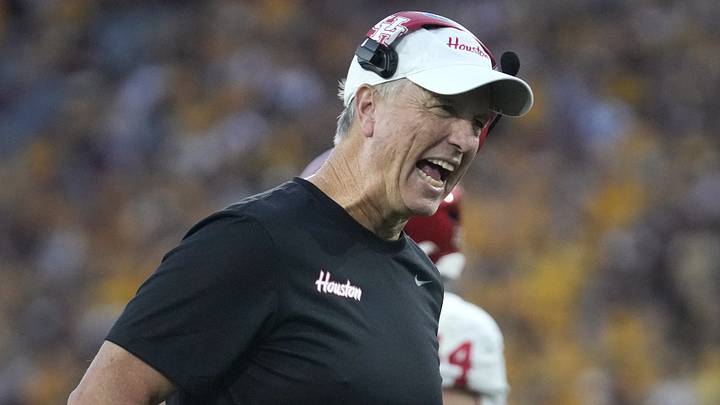 Houston Cougars head coach Willie Fritz yells out to his team as they play against the ASU Sun Devils at Mountain America Stadium in Tempe on Oct. 25, 2025. Houston Cougars head coach Willie Fritz yells out to his team as they play against the ASU Sun Devils at Mountain America Stadium in Tempe on Oct. 25, 2025.
