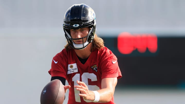 Jacksonville Jaguars quarterback Trevor Lawrence (16) receives the snap during an NFL training camp session at the Miller Electric Center, Friday, July 25, 2025, in Jacksonville, Fla. [Corey Perrine/Florida Times-Union]