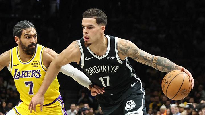 Feb 3, 2026; Brooklyn, New York, USA;  Brooklyn Nets forward Michael Porter Jr. (17) drives past Los Angeles Lakers guard Gabe Vincent (7) in the first quarter at Barclays Center. Mandatory Credit: Wendell Cruz-Imagn Images