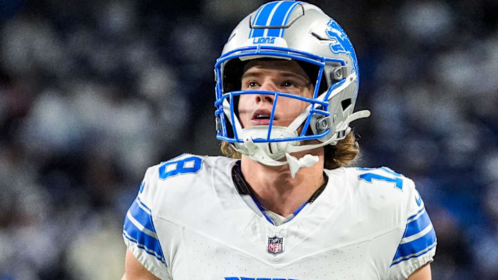 Detroit Lions wide receiver Isaac Teslaa (18) warms up before the Dallas Cowboys game at Ford Field in Detroit on Thursday, Dec. 4, 2025.