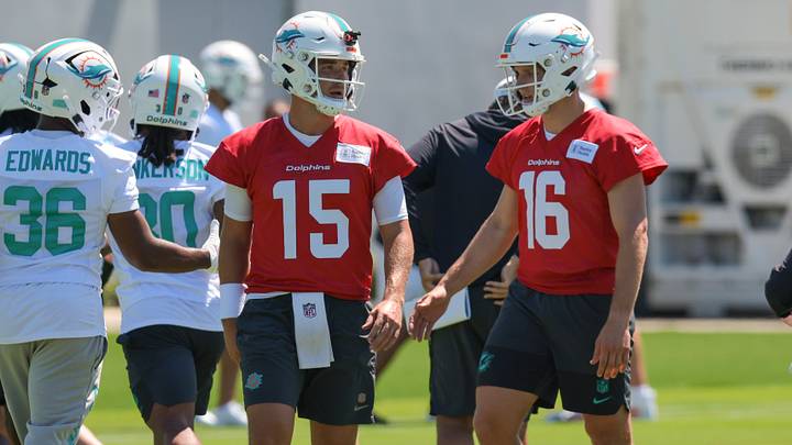 May 8, 2026; Miami Gardens, FL, USA; Miami Dolphins quarterback Cam Miller (15) and quarterback Mark Gronowski (16) work during rookie minicamp at Baptist Health Training Complex. Mandatory Credit: Sam Navarro-Imagn Images