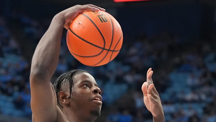 Jan 21, 2026; Chapel Hill, North Carolina, USA; North Carolina Tar Heels forward Caleb Wilson (8) with the ball in the second half at Dean E. Smith Center. Mandatory Credit: Bob Donnan-Imagn Images