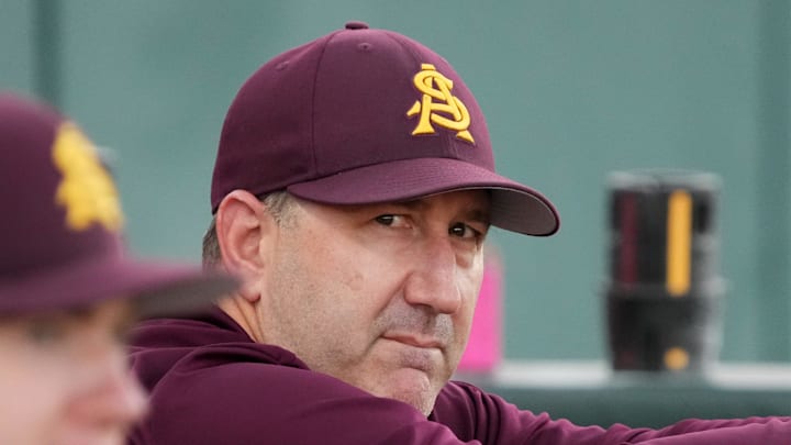 ASU Sun Devil head caoch Willie Bloomquist stands in the dugout during their game against the New Mexico State Aggies at Phoenix Municipal Stadium on March 25, 2026.