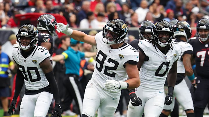 Nov 9, 2025; Houston, Texas, USA; Jacksonville Jaguars defensive end Danny Striggow (92) reacts to his fumble recovery against the Houston Texans in the first half at NRG Stadium. Mandatory Credit: Thomas Shea-Imagn Images Nov 9, 2025; Houston, Texas, USA; Jacksonville Jaguars defensive end Danny Striggow (92) reacts to his fumble recovery against the Houston Texans in the first half at NRG Stadium. Mandatory Credit: Thomas Shea-Imagn Images