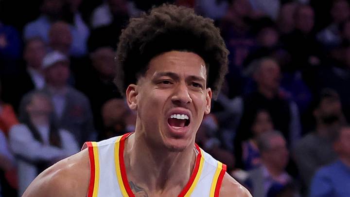 Atlanta Hawks forward Jalen Johnson (1) reacts against the New York Knicks at Madison Square Garden on April 20, 2026. Atlanta Hawks forward Jalen Johnson (1) reacts against the New York Knicks at Madison Square Garden on April 20, 2026.