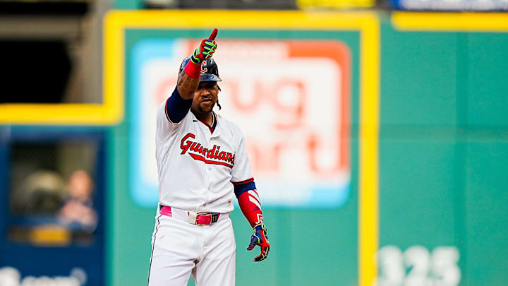 Cleveland Guardians third baseman Jose Ramirez (11) reacts to his double during the home opening game against the Chicago Cubs, April 4, 2026, at Progressive Field in Cleveland, Ohio. Cleveland Guardians third baseman Jose Ramirez (11) reacts to his double during the home opening game against the Chicago Cubs, April 4, 2026, at Progressive Field in Cleveland, Ohio.