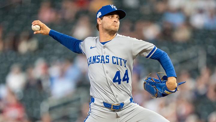 Jun 5, 2026; Minneapolis, Minnesota, USA; Kansas City Royals pitcher Beck Way (44) pitches against the Minnesota Twins in the eighth inning at Target Field. Mandatory Credit: Matt Blewett-Imagn Images