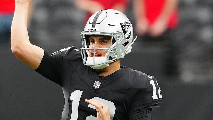 Jan 4, 2026; Paradise, Nevada, USA; Las Vegas Raiders quarterback Aidan O'Connell (12) warms up before a game against the Kansas City Chiefs at Allegiant Stadium. Mandatory Credit: Stephen R. Sylvanie-Imagn Images Jan 4, 2026; Paradise, Nevada, USA; Las Vegas Raiders quarterback Aidan O'Connell (12) warms up before a game against the Kansas City Chiefs at Allegiant Stadium. Mandatory Credit: Stephen R. Sylvanie-Imagn Images
