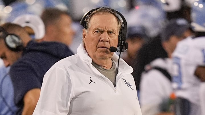 Sep 6, 2025; Charlotte, North Carolina, USA; North Carolina Tar Heels head coach Bill Belichick during the first half against the Charlotte 49ers at Jerry Richardson Stadium. Mandatory Credit: Jim Dedmon-Imagn Images