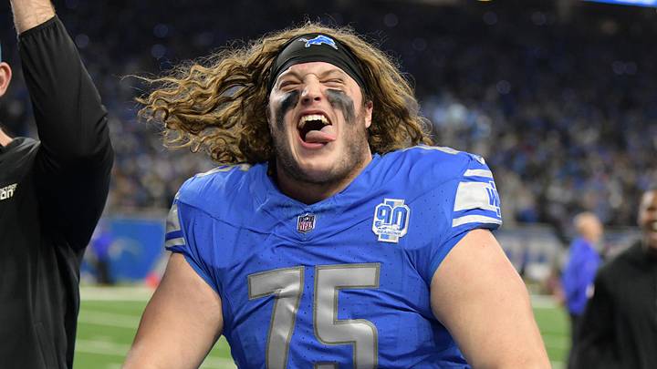 Jan 14, 2024; Detroit, Michigan, USA; Detroit Lions offensive tackle Colby Sorsdal (75) celebrates after a 2024 NFC wild card game against the Los Angeles Rams at Ford Field. Mandatory Credit: Lon Horwedel-Imagn Images Jan 14, 2024; Detroit, Michigan, USA; Detroit Lions offensive tackle Colby Sorsdal (75) celebrates after a 2024 NFC wild card game against the Los Angeles Rams at Ford Field. Mandatory Credit: Lon Horwedel-Imagn Images