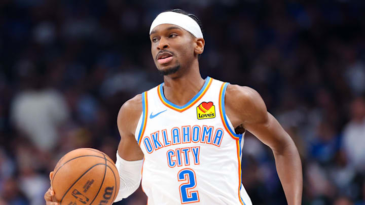 May 18, 2024; Dallas, Texas, USA; Oklahoma City Thunder guard Shai Gilgeous-Alexander (2) dribbles against the Dallas Mavericks during the second quarter in game six of the second round of the 2024 NBA playoffs at American Airlines Center. Mandatory Credit: Kevin Jairaj-Imagn Images May 18, 2024; Dallas, Texas, USA; Oklahoma City Thunder guard Shai Gilgeous-Alexander (2) dribbles against the Dallas Mavericks during the second quarter in game six of the second round of the 2024 NBA playoffs at American Airlines Center. Mandatory Credit: Kevin Jairaj-Imagn Images