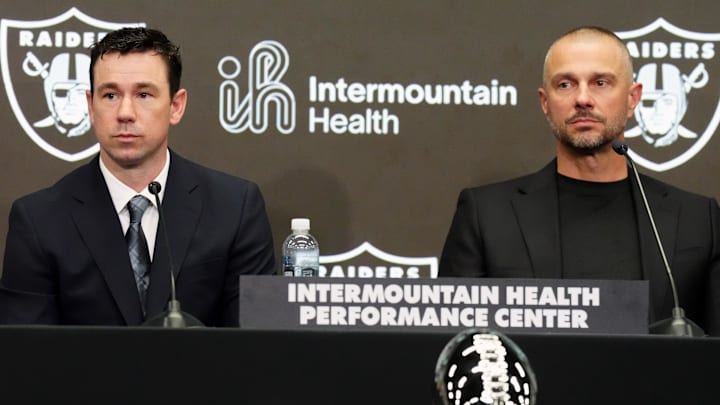 Feb 10, 2026; Henderson, NV, USA; Las Vegas Raiders coach Klint Kubiak (left) and general manager John Spytek at introductory press conference at Intermountain Health Performance Center. Mandatory Credit: Kirby Lee-Imagn Images Feb 10, 2026; Henderson, NV, USA; Las Vegas Raiders coach Klint Kubiak (left) and general manager John Spytek at introductory press conference at Intermountain Health Performance Center. Mandatory Credit: Kirby Lee-Imagn Images
