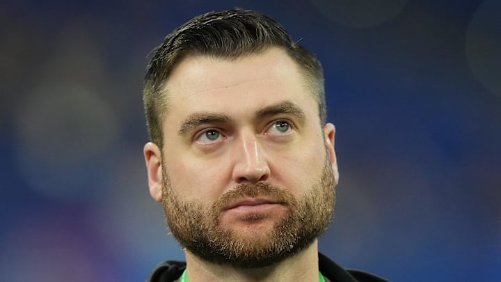 Mar 2, 2024; Indianapolis, IN, USA; New Orleans Saints quarterbacks coach Andrew Janocko during the 2024 NFL Combine at Lucas Oil Stadium. Mandatory Credit: Kirby Lee-Imagn Images