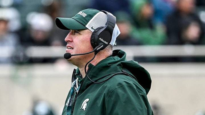 Michigan State's head coach Pat Fitzgerald looks on during the football Spring Showcase on Saturday, April 18, 2026, at Spartan Stadium in East Lansing.