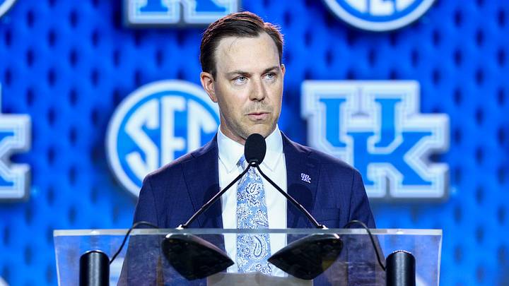 Jul 20, 2026; Tampa, FL, USA; Kentucky Wildcats head coach Will Stein speaks to the press during SEC Football Kickoff Media Day at the Tampa Marriott. Mandatory Credit: Nathan Ray Seebeck-Imagn Images