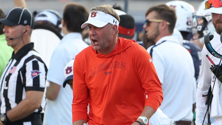 Auburn Tigers head coach Hugh Freeze reacts to a play during the game vs. Arkansas.