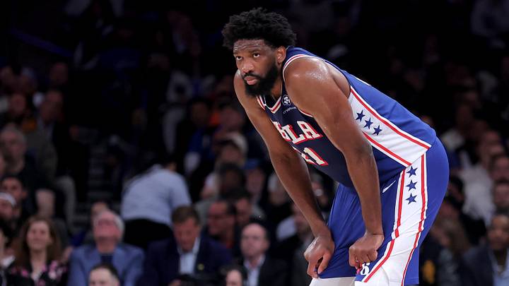 May 4, 2026; New York, New York, USA; Philadelphia 76ers center Joel Embiid (21) reacts during the first quarter of game one of the eastern conference semifinal round of the 2026 NBA Playoffs against the New York Knicks at Madison Square Garden. Mandatory Credit: Brad Penner-Imagn Images
