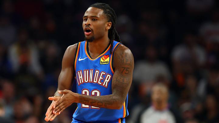 Apr 27, 2026; Phoenix, Arizona, USA; Oklahoma City Thunder guard Cason Wallace (22) against the Phoenix Suns during game four of the first round of the 2026 NBA Playoffs at Mortgage Matchup Center. Mandatory Credit: Mark J. Rebilas-Imagn Images Apr 27, 2026; Phoenix, Arizona, USA; Oklahoma City Thunder guard Cason Wallace (22) against the Phoenix Suns during game four of the first round of the 2026 NBA Playoffs at Mortgage Matchup Center. Mandatory Credit: Mark J. Rebilas-Imagn Images
