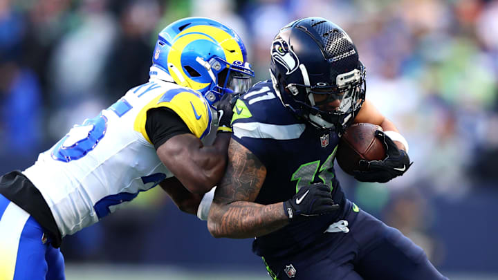 Seattle Seahawks wide receiver Jaxon Smith-Njigba (11) runs against Los Angeles Rams cornerback Roger McCreary (25) 