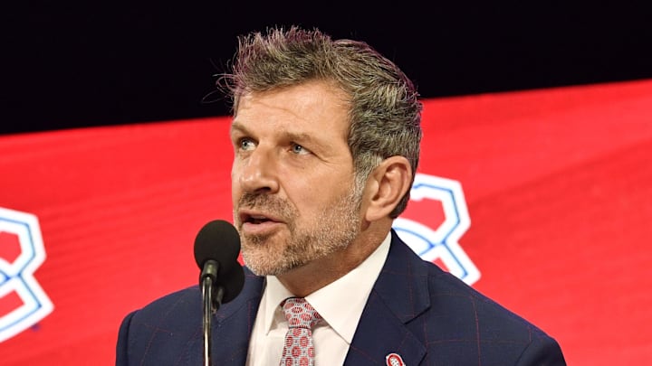 Jun 22, 2018; Dallas, TX, USA; Montreal Canadiens general manager Marc Bergevin announces the third overall pick in the first round of the 2018 NHL Draft at American Airlines Center. Mandatory Credit: Jerome Miron-Imagn Images Jun 22, 2018; Dallas, TX, USA; Montreal Canadiens general manager Marc Bergevin announces the third overall pick in the first round of the 2018 NHL Draft at American Airlines Center. Mandatory Credit: Jerome Miron-Imagn Images