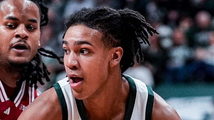 Michigan State forward Jordan Scott (6) dribbles against Indiana guard Lamar Wilkerson (3) during the second half at Breslin Center in East Lansing on Tuesday, Jan. 13, 2026.