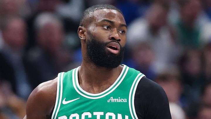 Boston Celtics guard Jaylen Brown (7) reacts against the Dallas Mavericks during the first quarter at American Airlines Center on February 3, 2026.