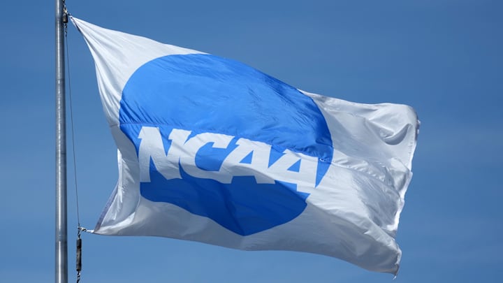 Jun 10, 2025; Eugene, OR, USA; A NCAA logo flag at the NCAA Track and Field Championships at Hayward Field. Mandatory Credit: Kirby Lee-Imagn Images