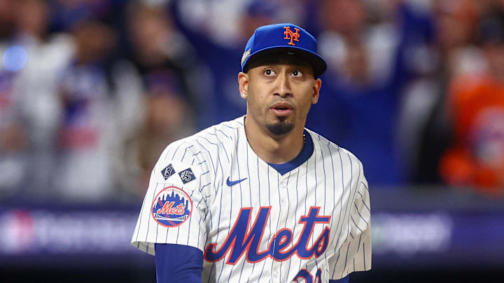 Oct 18, 2024; New York City, New York, USA; New York Mets relief pitcher Edwin Diaz (39) reacts after striking out Los Angeles Dodgers designated hitter Shohei Ohtani, not pictured during the eighth inning during game five of the NLCS for the 2024 MLB playoffs at Citi Field. Mandatory Credit: Vincent Carchietta-Imagn Images Oct 18, 2024; New York City, New York, USA; New York Mets relief pitcher Edwin Diaz (39) reacts after striking out Los Angeles Dodgers designated hitter Shohei Ohtani, not pictured during the eighth inning during game five of the NLCS for the 2024 MLB playoffs at Citi Field. Mandatory Credit: Vincent Carchietta-Imagn Images