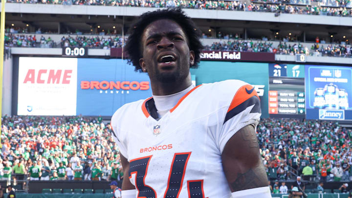 Oct 5, 2025; Philadelphia, Pennsylvania, USA; Denver Broncos safety JL Skinner (34) reacts after a defensive stop the end the game with a win against the Philadelphia Eagles at Lincoln Financial Field. Oct 5, 2025; Philadelphia, Pennsylvania, USA; Denver Broncos safety JL Skinner (34) reacts after a defensive stop the end the game with a win against the Philadelphia Eagles at Lincoln Financial Field.