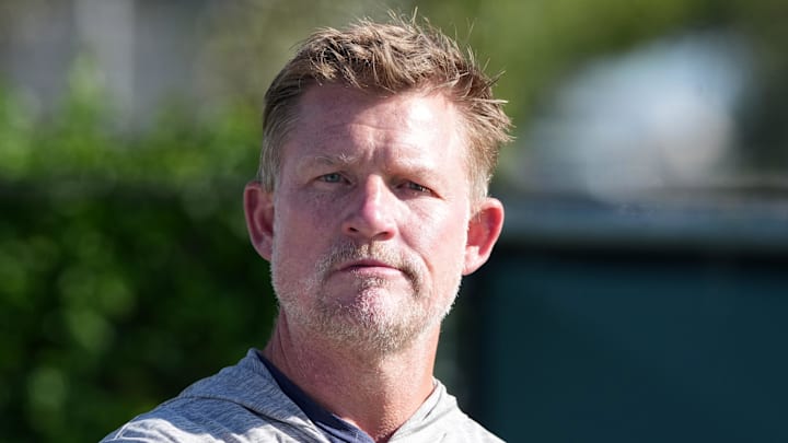 Jul 23, 2025; Los Angeles, CA, USA; Los Angeles Rams general manager Les Snead watches during training camp at Loyola Marymount University. Mandatory Credit: Kirby Lee-Imagn Images