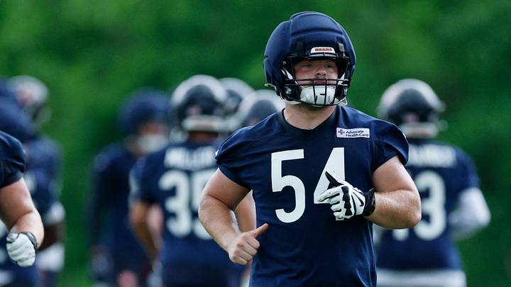 Jun 11, 2026; Lake Forest, IL, USA; Chicago Bears offensive lineman Logan Jones (54) runs on the field during Minicamp at Halas Hall. Mandatory Credit: Kamil Krzaczynski-Imagn Images Jun 11, 2026; Lake Forest, IL, USA; Chicago Bears offensive lineman Logan Jones (54) runs on the field during Minicamp at Halas Hall. Mandatory Credit: Kamil Krzaczynski-Imagn Images