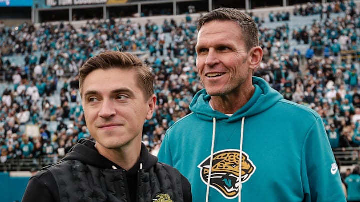 Jan 4, 2026; Jacksonville, Florida, USA; Jacksonville Jaguars executive vice president of football operations Tony Boselli and general manager James Gladstone look on after the game against the Tennessee Titans at EverBank Stadium. Mandatory Credit: Travis Register-Imagn Images Jan 4, 2026; Jacksonville, Florida, USA; Jacksonville Jaguars executive vice president of football operations Tony Boselli and general manager James Gladstone look on after the game against the Tennessee Titans at EverBank Stadium. Mandatory Credit: Travis Register-Imagn Images
