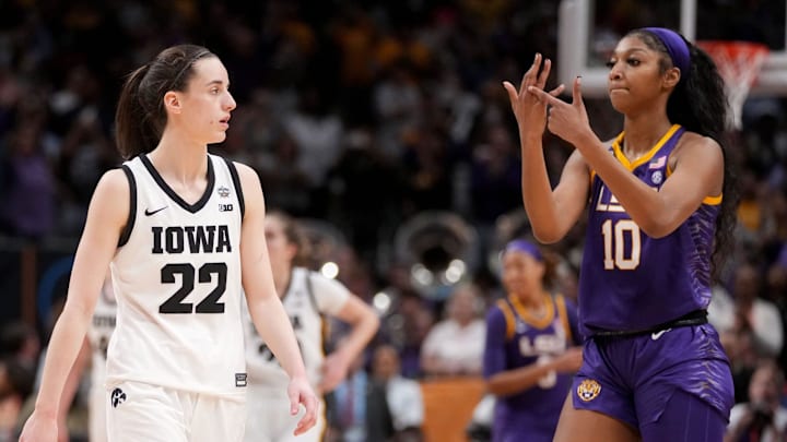 Angel Reese (10) shows Iowa Caitlin Clark her ring finger during the final seconds of the women's NCAA Tournament national championship game.
Syndication Hawkcentral Angel Reese (10) shows Iowa Caitlin Clark her ring finger during the final seconds of the women's NCAA Tournament national championship game.
Syndication Hawkcentral
