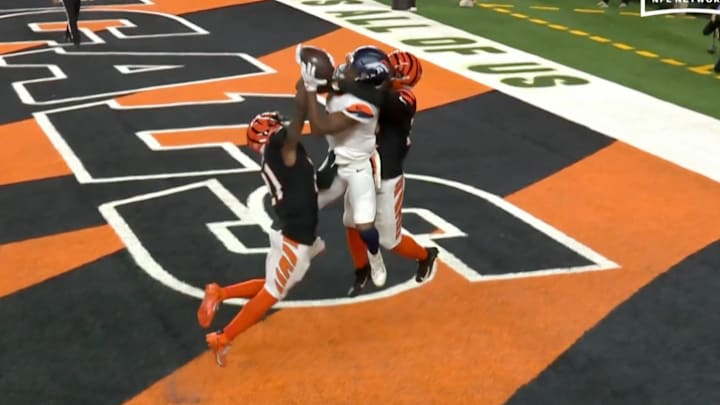 Marvin Mims Jr. hauls in a game-tying touchdown catch for the Denver Broncos against the Cincinnati Bengals.