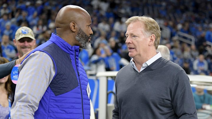 Detroit Lions general manager, Brad Holmes, (left) talks with NFL Commissioner, Roger Goodell, (right) Detroit Lions general manager, Brad Holmes, (left) talks with NFL Commissioner, Roger Goodell, (right)